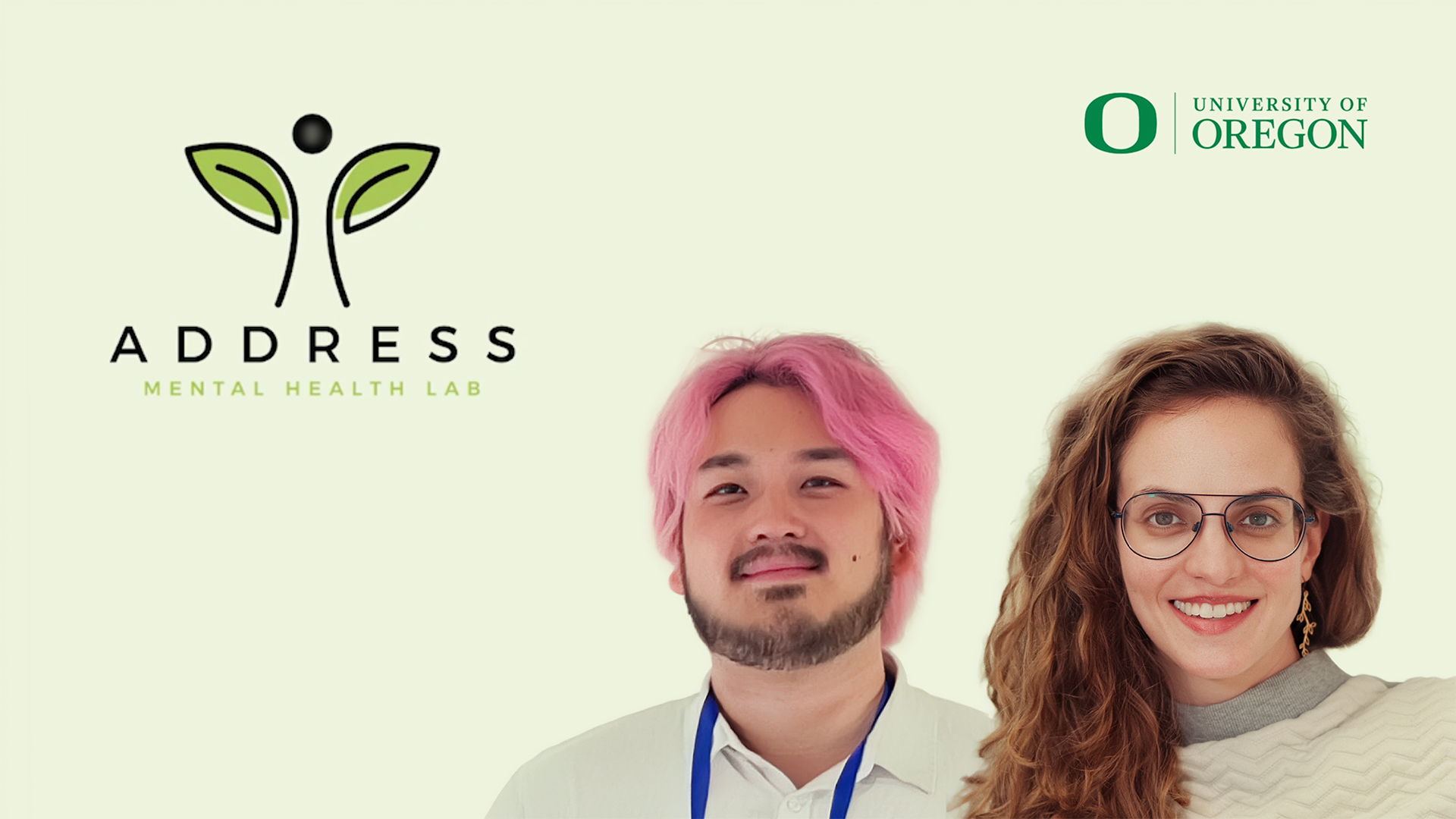 ADDRESS logo, University of Oregon logo, closeups of Yukihiro Kitagaw and Sylvanna Vargas.